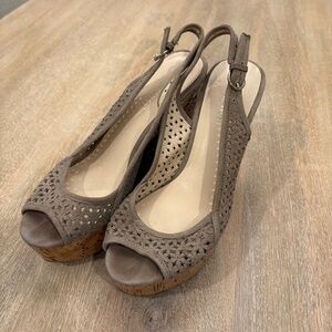 Nine West Taupe Suede Cork Wedge Slingback Heels Size 6.5